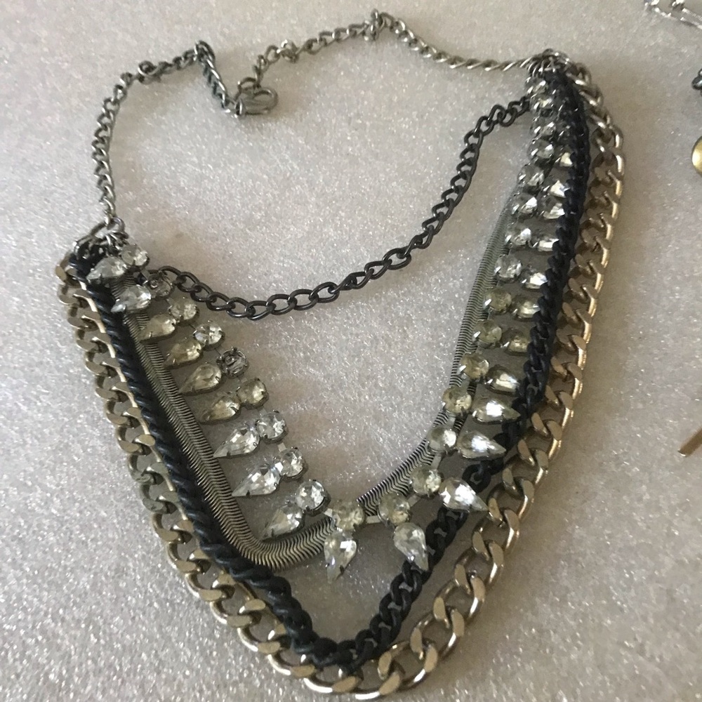 Crystal Multi-Chain Statement Necklace - Silver Tone